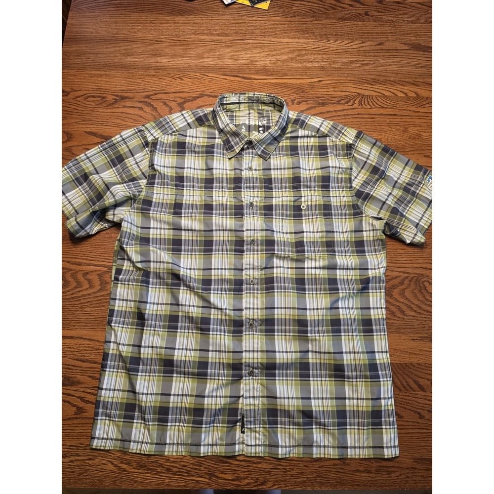 KUHL Eluxor Ionic Shirt Mens XL Short Sleeve Green/Charcoal Plaid Button Up